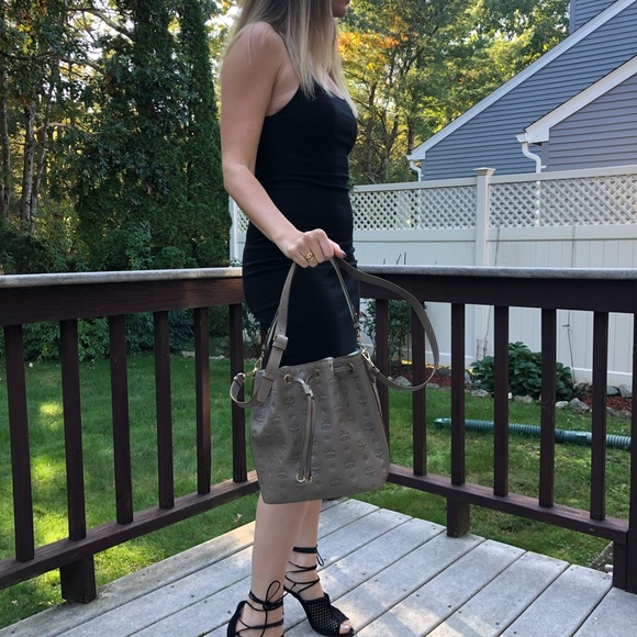 MCM Taupe Leather Essential Drawstring Shoulder Monogram Bag NWOT - Picture 2 of 8